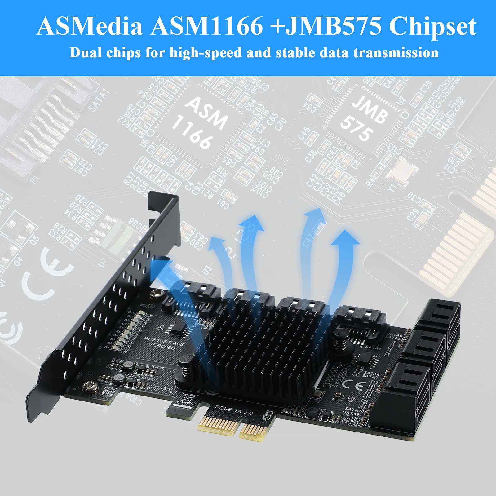 Beyimei Pcie 1X Sata Card 10 Ports,6 Gbps Sata 3.0 Controller Pcie Expansion Card,Non Raid,Support 10 Sata 3.0 Devices,With Low